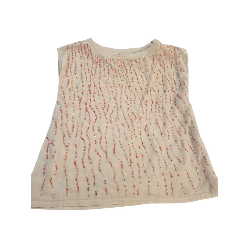 Jennifer Lopez Muscle Tank Top Womens White S Woven Sequins Loose Fit Pullover